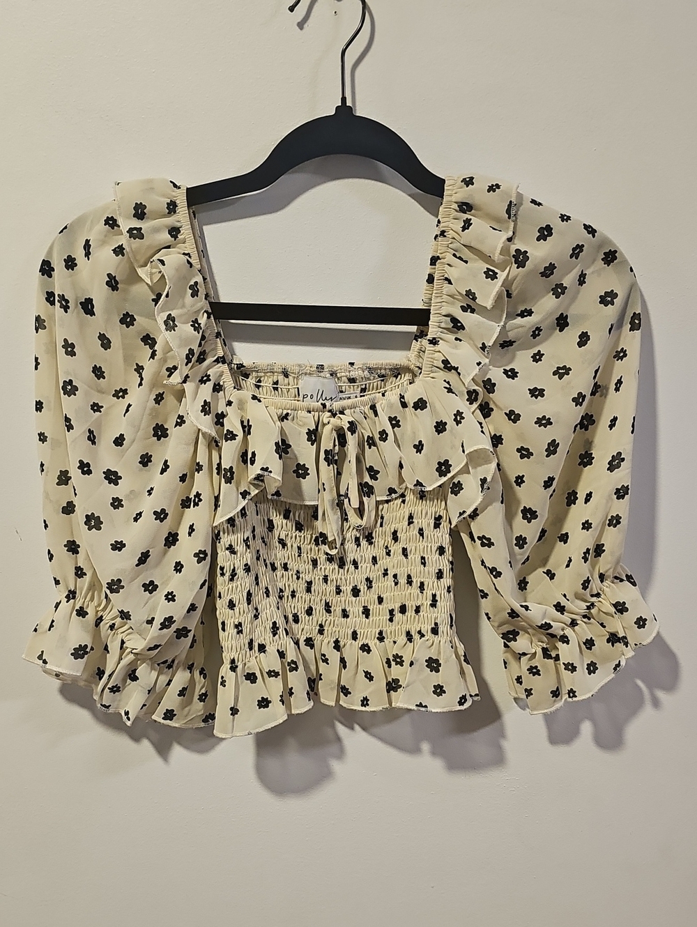 Smocked Square-Neck Floral Blouse - Cream/Black
